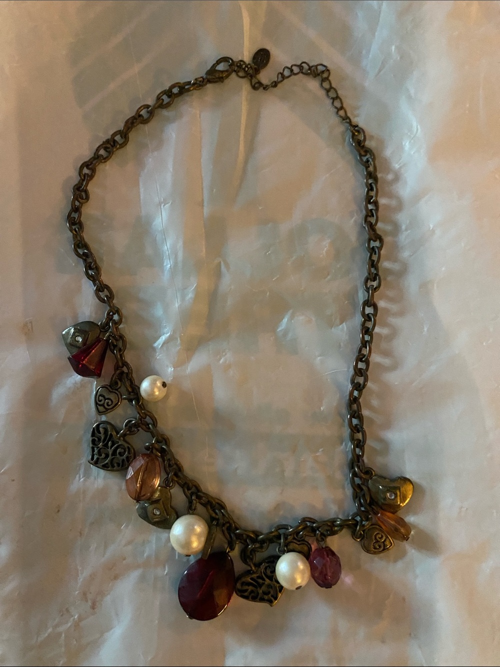 Cookie Lee Antique Brass Necklace with Red, Purple, Pearl & Amber Charms